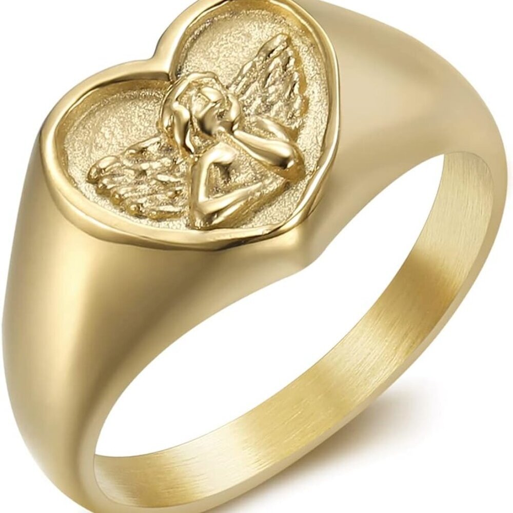 Stainless Steel Heart Shaped Signet Style Angel Pattern Statement Promise Weddin